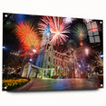 Acrylic print of a large abstract depiction of the Philadelphia skyline in muted blue and gray tones.