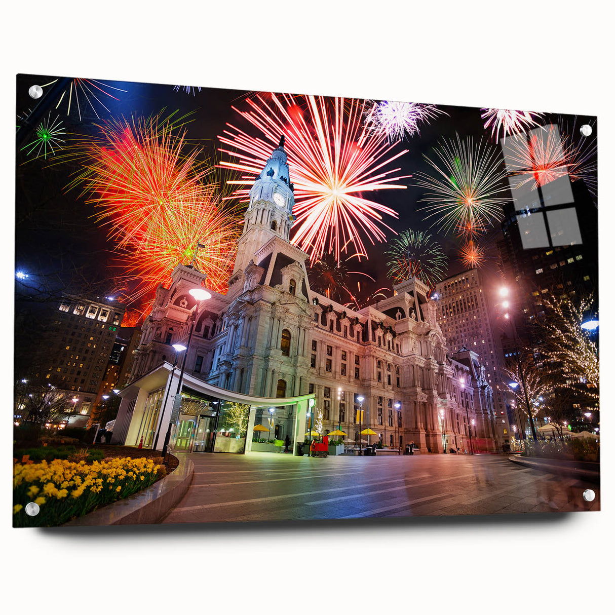 Acrylic print of a large abstract depiction of the Philadelphia skyline in muted blue and gray tones.