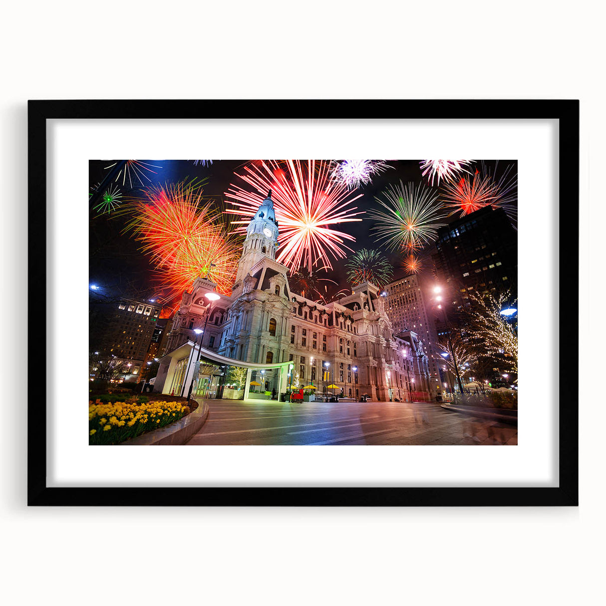 Abstract art print of Philadelphia skyline in vibrant colors on a large textured canvas, ideal for living room decor.