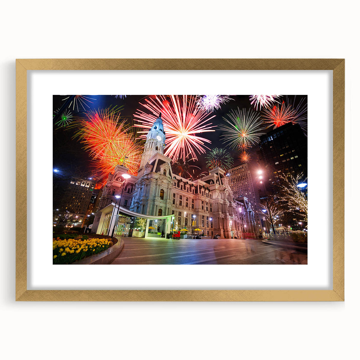 Extra large abstract art print of Philadelphia skyline in textured gold frame, ideal for living room decor.