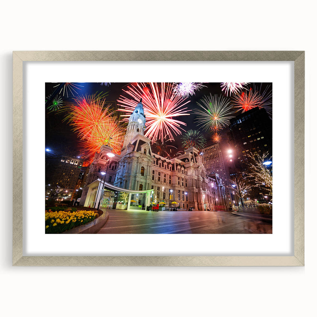 Textured abstract art print of Philadelphia skyline in muted gray tones, framed in silver, suitable for bedroom decor.