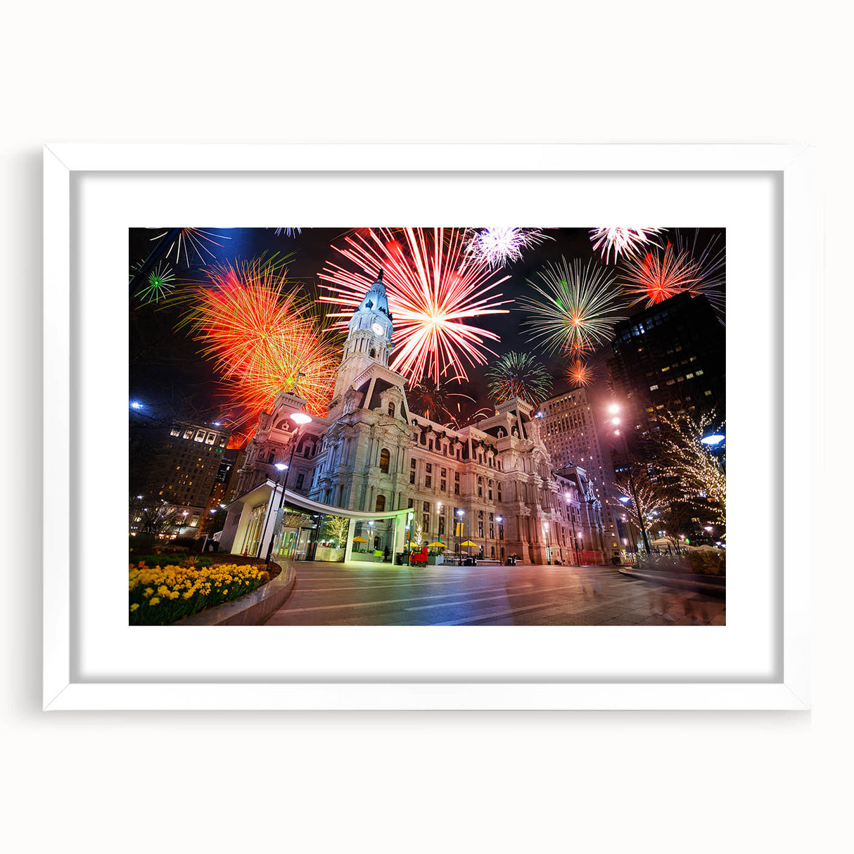 Abstract art print of Philadelphia skyline in muted gray and blue tones, framed with a white mat.