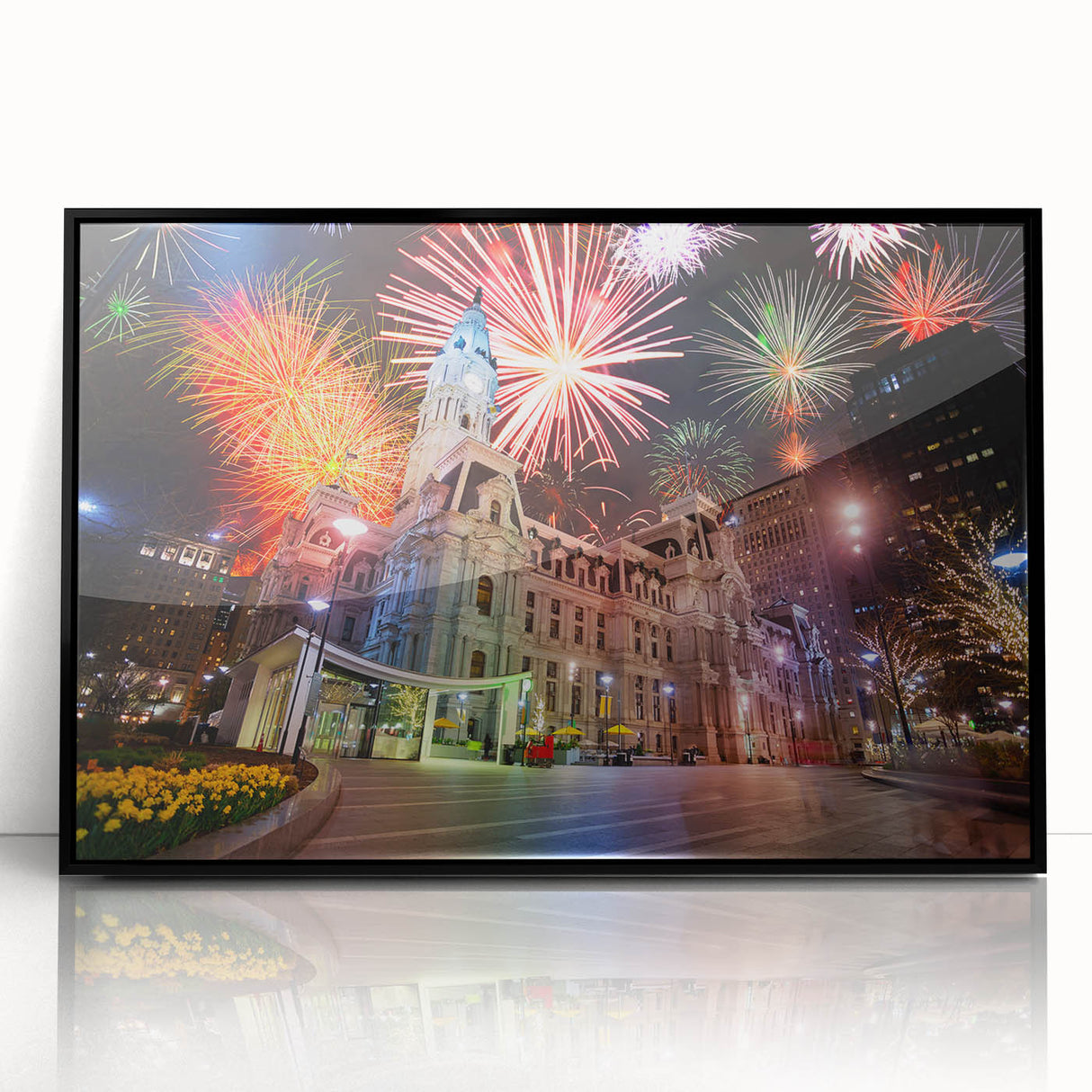 Large abstract wall art depicting the Philadelphia skyline in muted gray and blue tones on a framed acrylic print.
