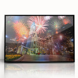 Large abstract wall art depicting the Philadelphia skyline in muted gray and blue tones on a framed acrylic print.