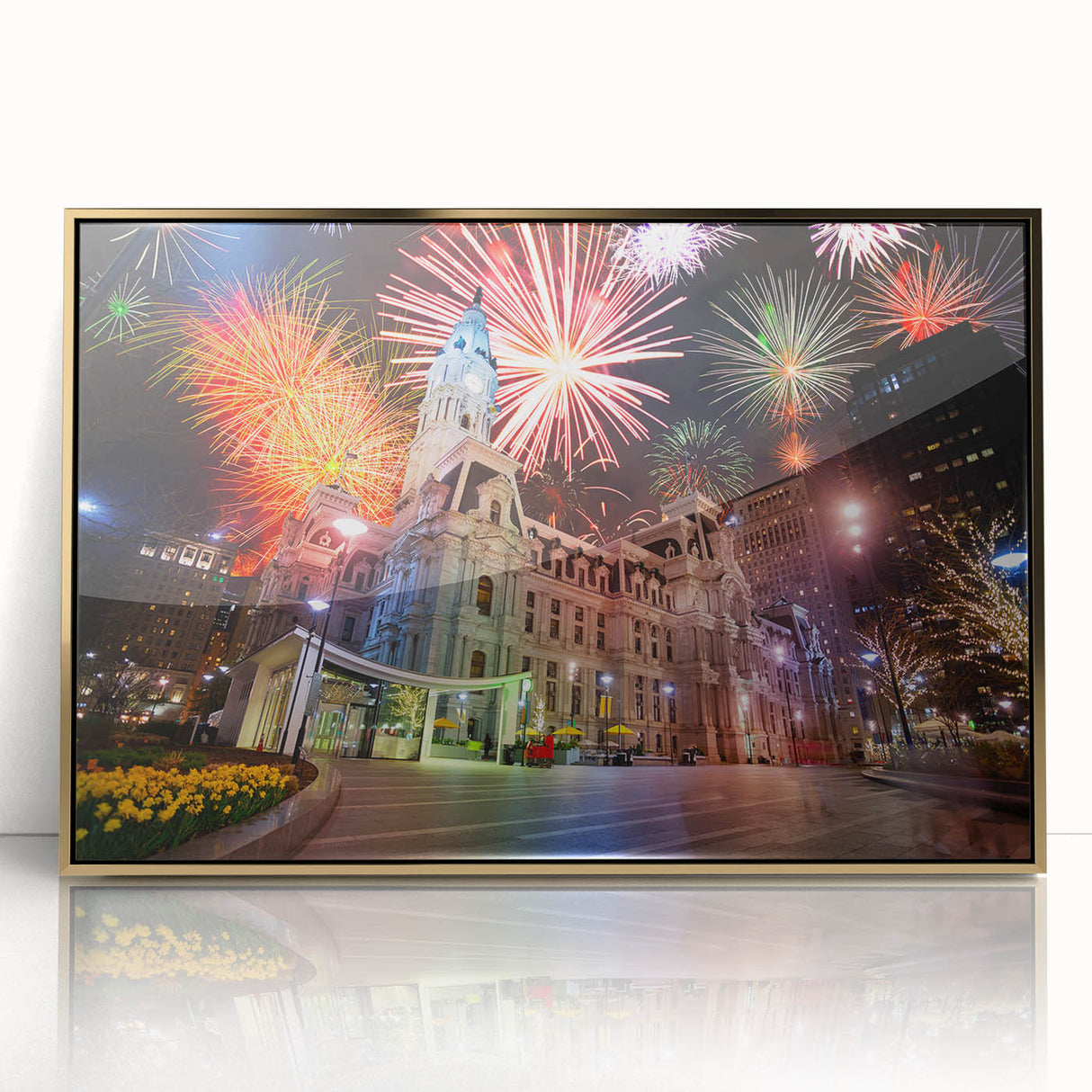 Acrylic print of Philadelphia skyline in gold and black tones, framed, ideal for modern art wall decor.