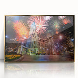 Acrylic print of Philadelphia skyline in gold and black tones, framed, ideal for modern art wall decor.