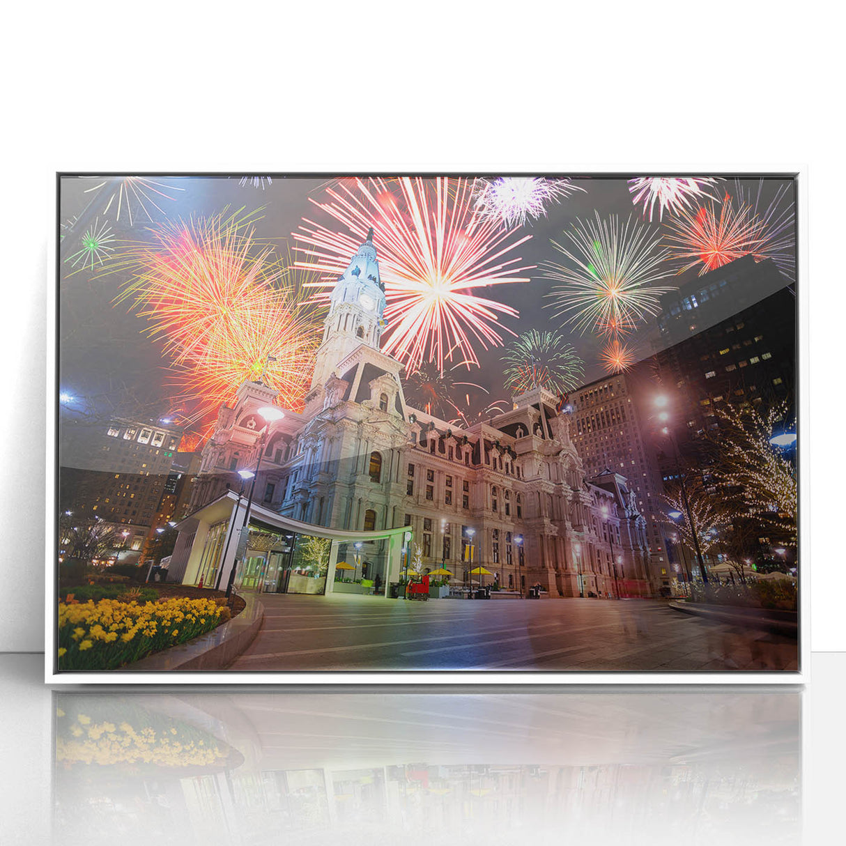 Framed acrylic print of Philadelphia skyline in muted gray and blue, ideal for modern nursery wall art.