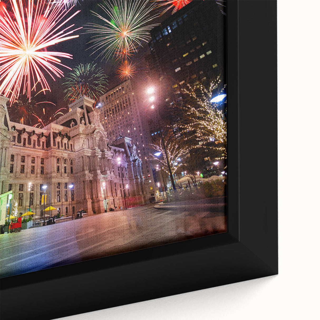 Black wall art of Philadelphia skyline on extra large framed canvas, featuring vibrant, textured colors.