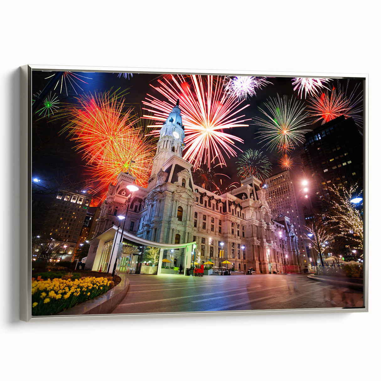 Landscape art painting of Philadelphia skyline in colorful hues on a framed canvas, ideal for office decor.