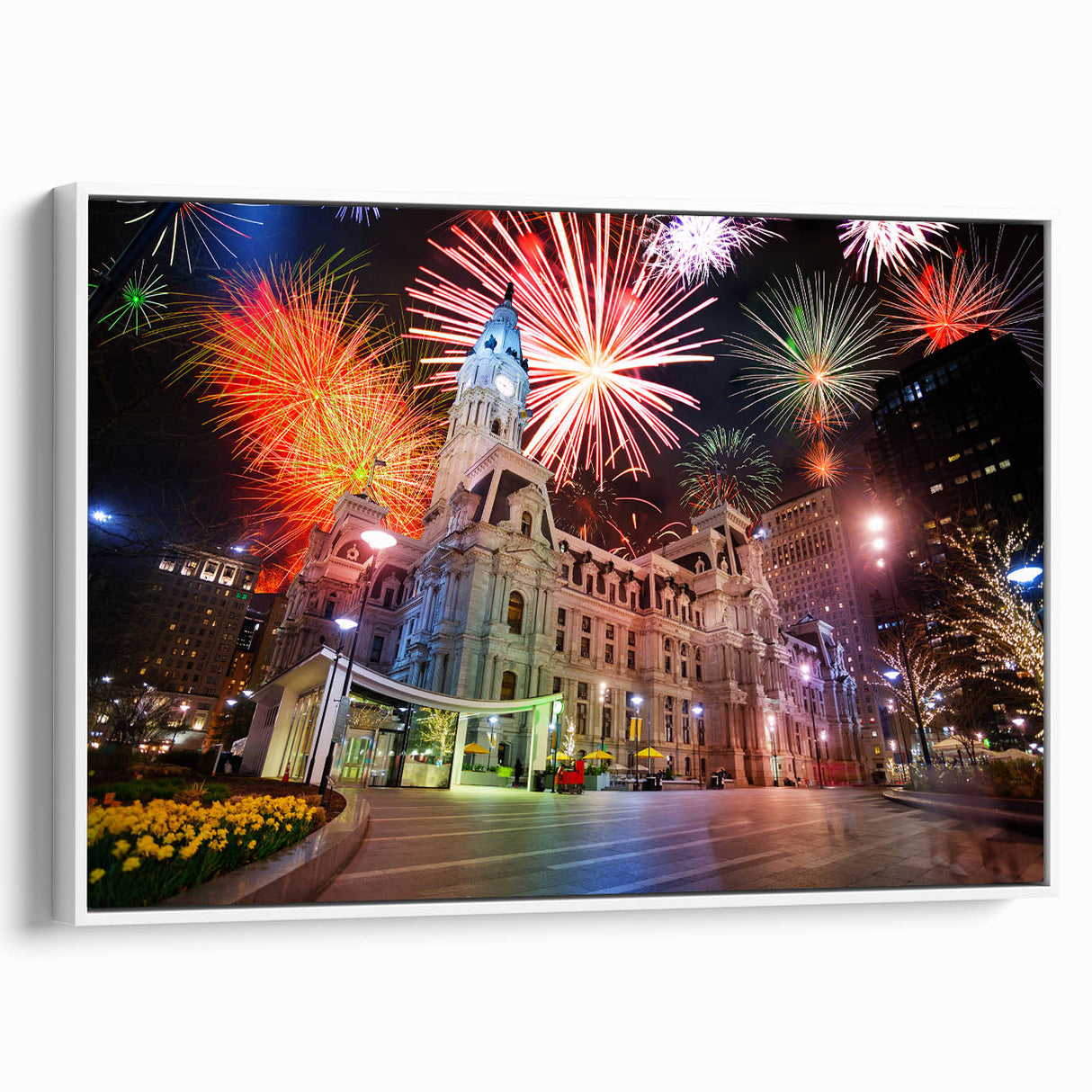 Vintage poster art of Philadelphia skyline in colorful hues on extra large framed canvas, ideal for living room decor.