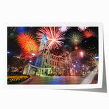 Rolled print of Philadelphia skyline in muted gray and blue tones, suitable for art wall dining room.