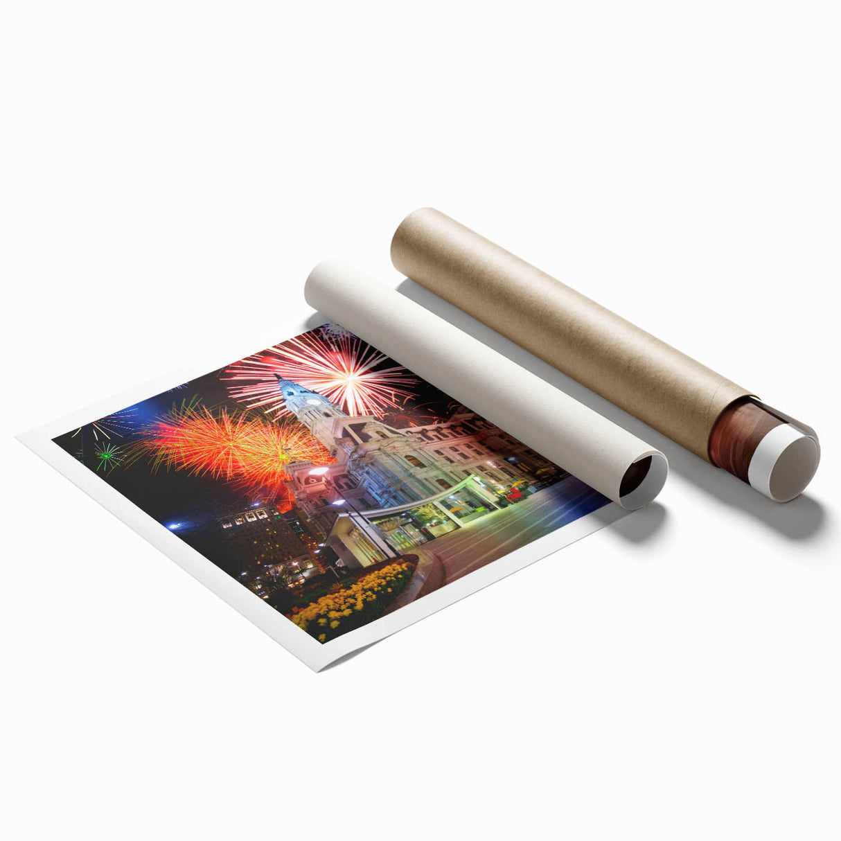 Rolled print of a Philadelphia skyline in muted gray tones, ideal for classy bathroom wall art.