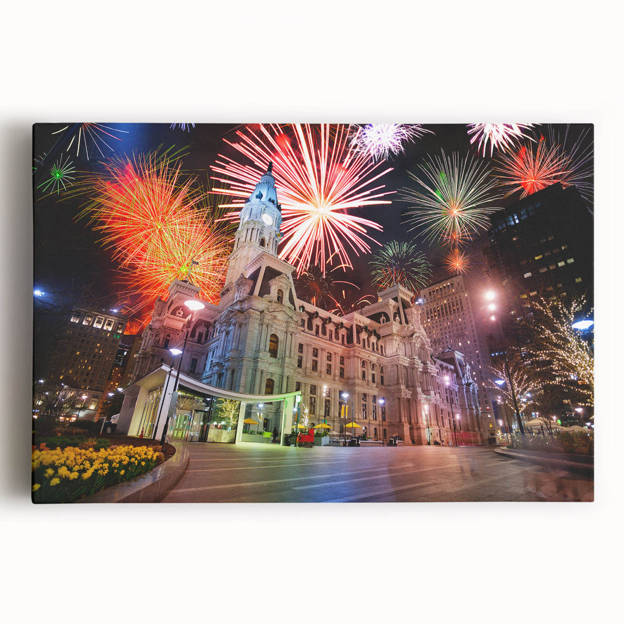 Black and white photograph of Philadelphia skyline on large stretched canvas, ideal for kitchen wall art.