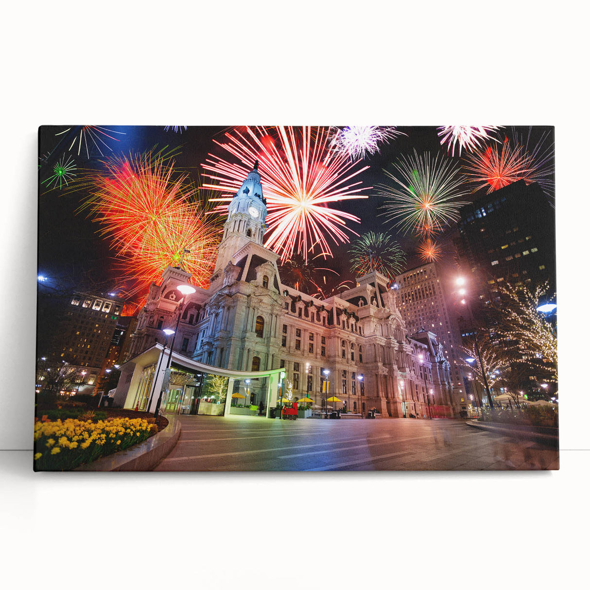 Black and white large art of Philadelphia skyline on stretched canvas, ideal for kitchen wall art or bedroom.