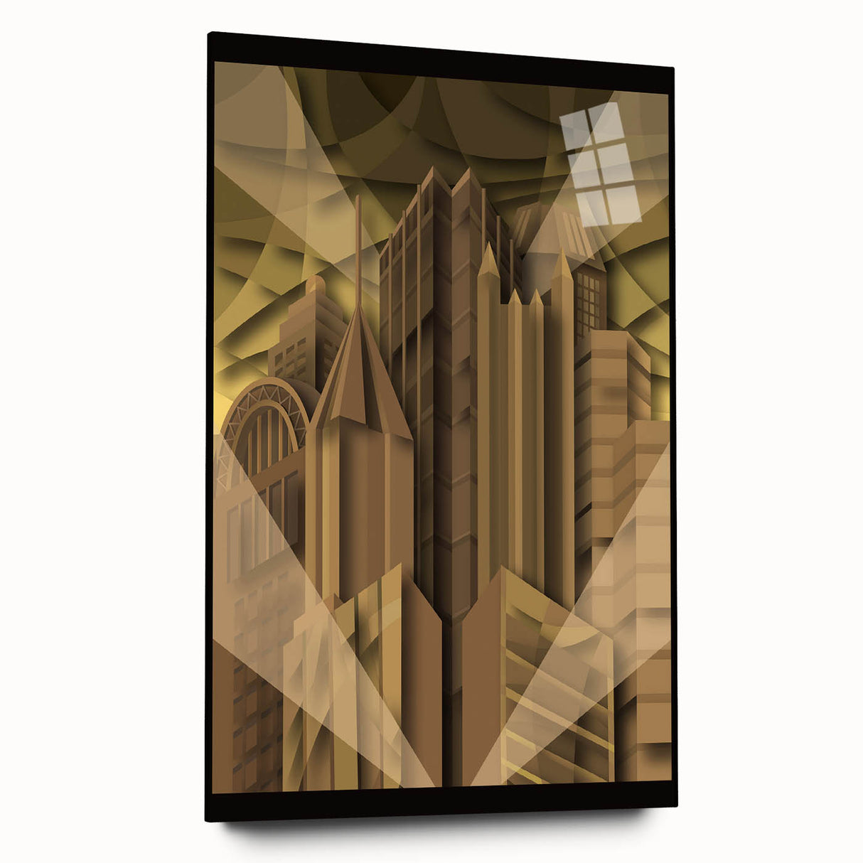 Acrylic print of a large abstract depiction of Pittsburgh, featuring vibrant hues, ideal for bedroom or dining room art.