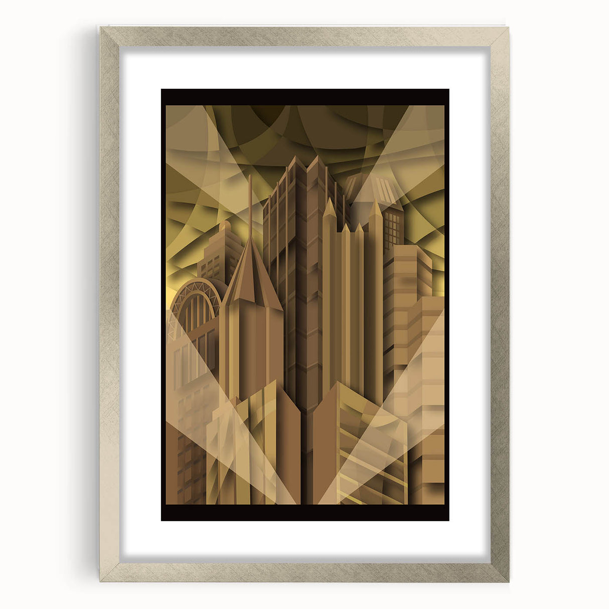 Textured art print of Pittsburgh skyline in muted gray and blue tones on a framed silver mat, suitable for bedroom decor.
