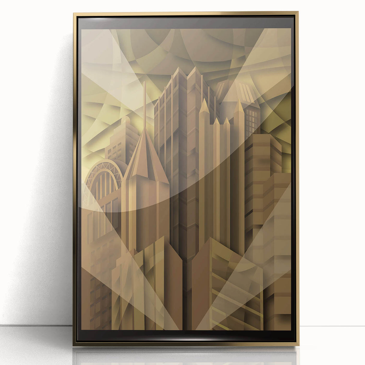Framed acrylic print of Pittsburgh skyline in muted gold and gray tones, ideal for modern art wall decor.