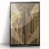 Mid-century modernist art featuring the Pittsburgh skyline in muted gray tones, framed in silver acrylic.