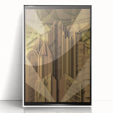 Framed acrylic print of Pittsburgh skyline in art deco style with a muted color palette.