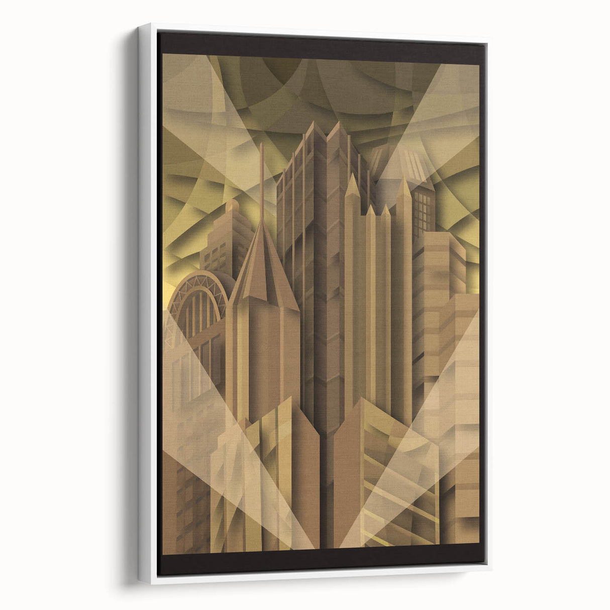 Vintage poster art of Pittsburgh skyline in colorful hues on a large framed canvas, ideal for living room decor.