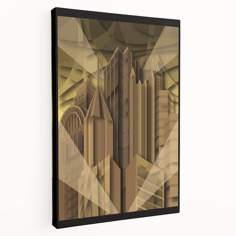Panoramic view of Pittsburgh skyline in muted evening colors on stretched canvas, suitable for kitchen wall art.