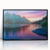 Large abstract wall art featuring a dynamic blend of orange and blue tones on a framed acrylic.