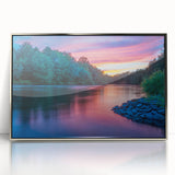 Mid-century modernist art depicting Pennsylvania scenery in muted colors on a framed acrylic, ideal for nursery wall decor.