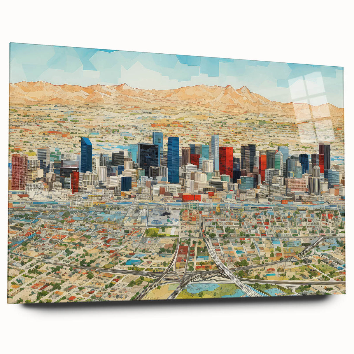 Large abstract depiction of Phoenix Valley in muted earth tones on acrylic glass, ideal for bedroom or dining room art.