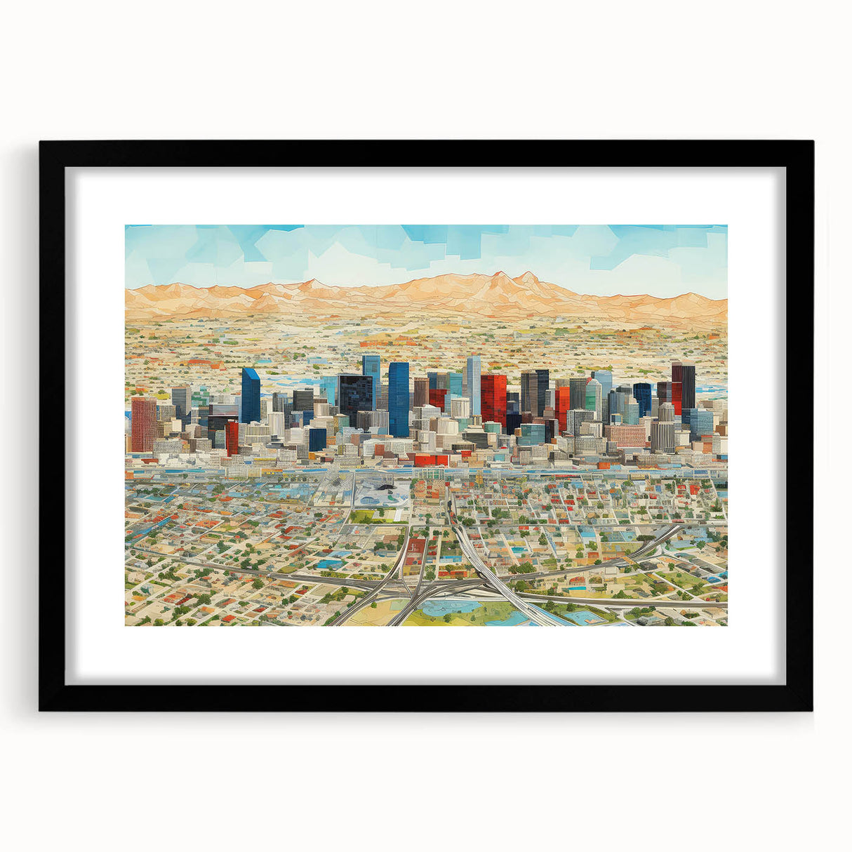 Extra large framed abstract art print of Phoenix valley in vibrant, colorful hues, ideal for living room decor.
