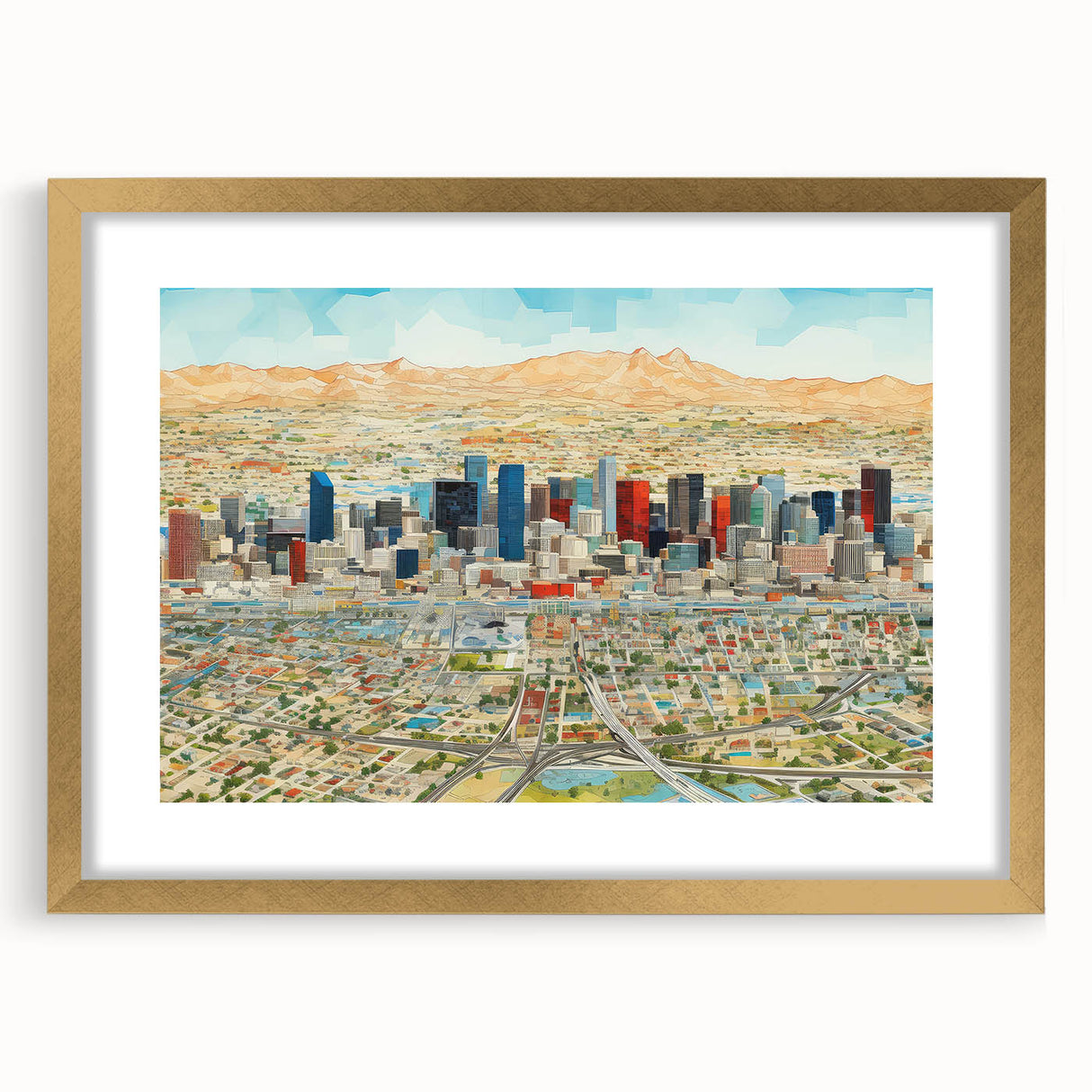 Extra large abstract art print of Phoenix valley in textured gold frame, ideal for living room decor.
