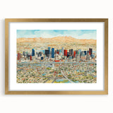 Extra large abstract art print of Phoenix valley in textured gold frame, ideal for living room decor.