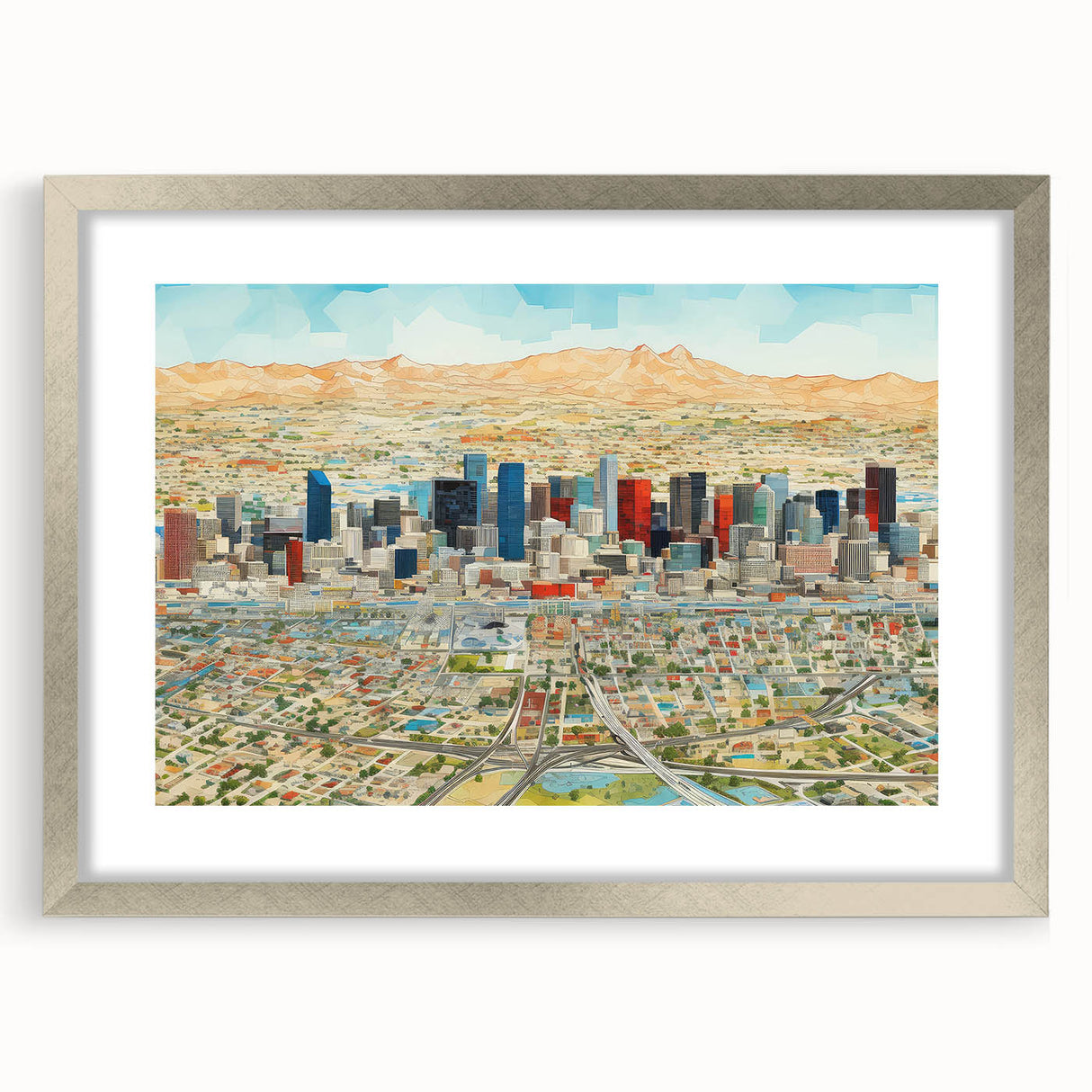 Abstract textured art print of Phoenix Valley in muted earth tones on a silver-framed mat, ideal for bedroom decor.