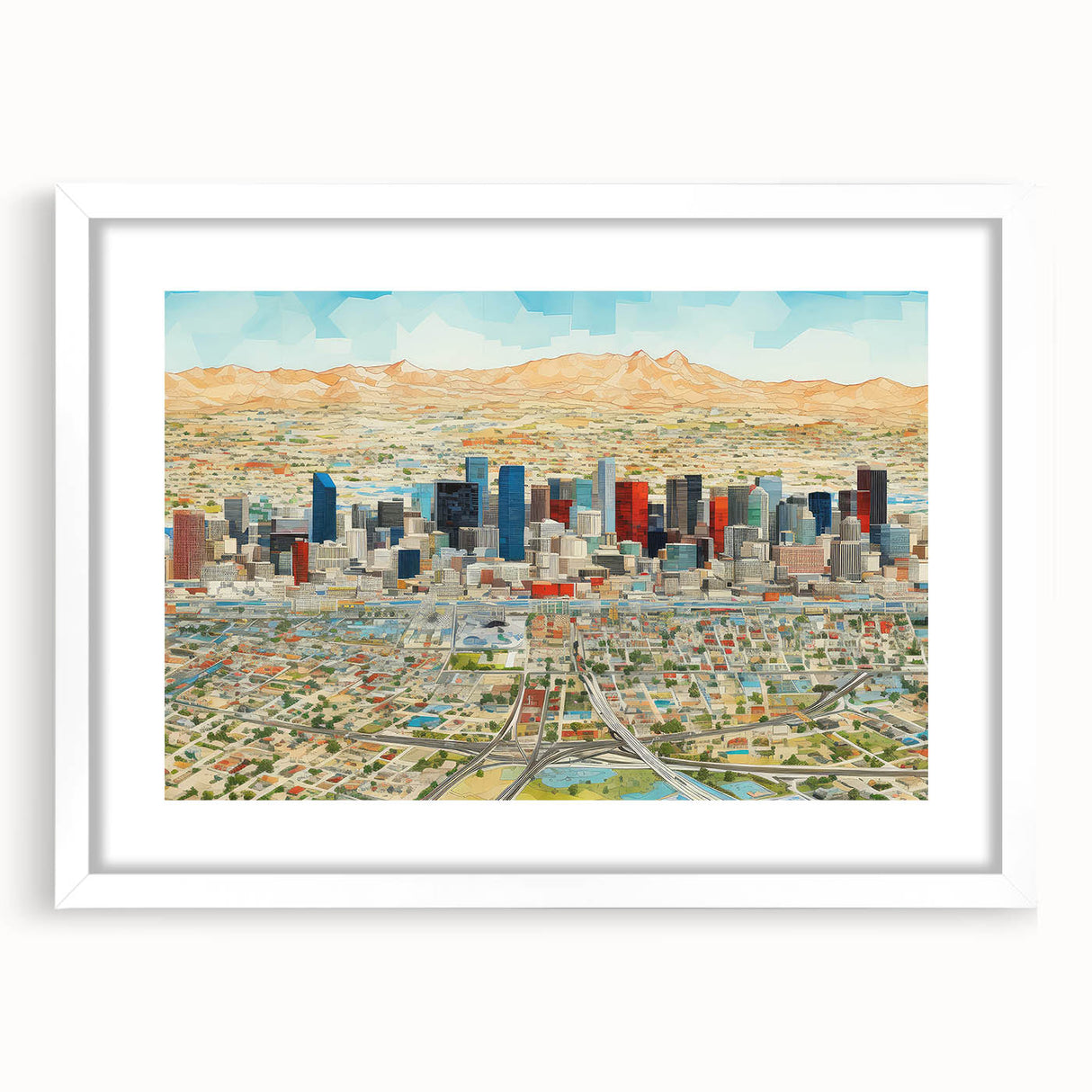Abstract art print of Phoenix Valley in muted earth tones on a framed white mat, ideal for dining room decor.