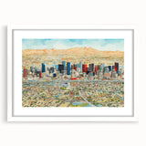 Abstract art print of Phoenix Valley in muted earth tones on a framed white mat, ideal for dining room decor.