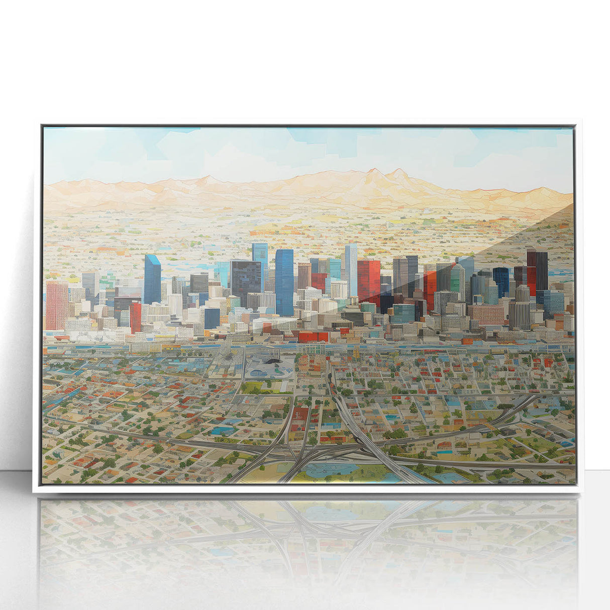 Art deco poster of Phoenix Valley in muted earth tones on a white framed acrylic.