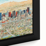Extra large framed canvas featuring a textured depiction of the Phoenix Valley in black with colorful accents.