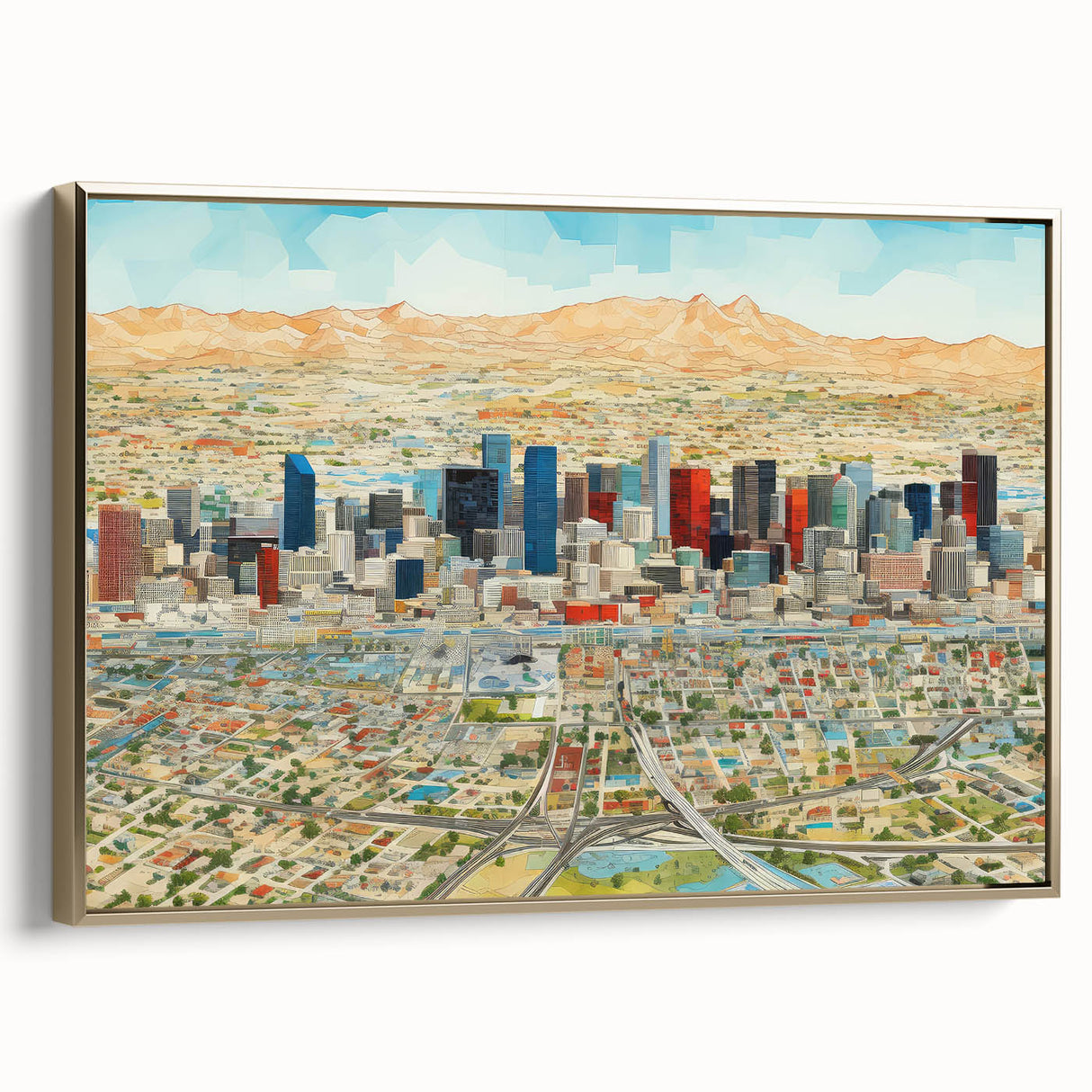 Framed canvas landscape art of Phoenix Valley in vintage poster style with a gold frame, suitable for bedroom decor.