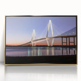 Mid-century modernist Charleston, South Carolina skyline in gold and blue tones on framed acrylic.