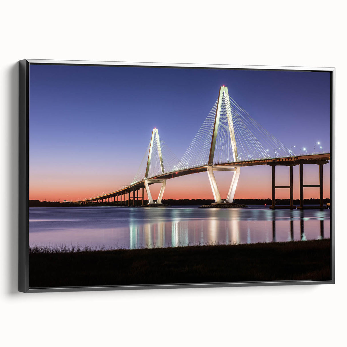 Black and white framed canvas of Charleston landscape, ideal for bedroom wall decor.