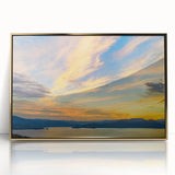 Mid-century modernist acrylic print of South Carolina scenery in muted earth tones, framed in gold.