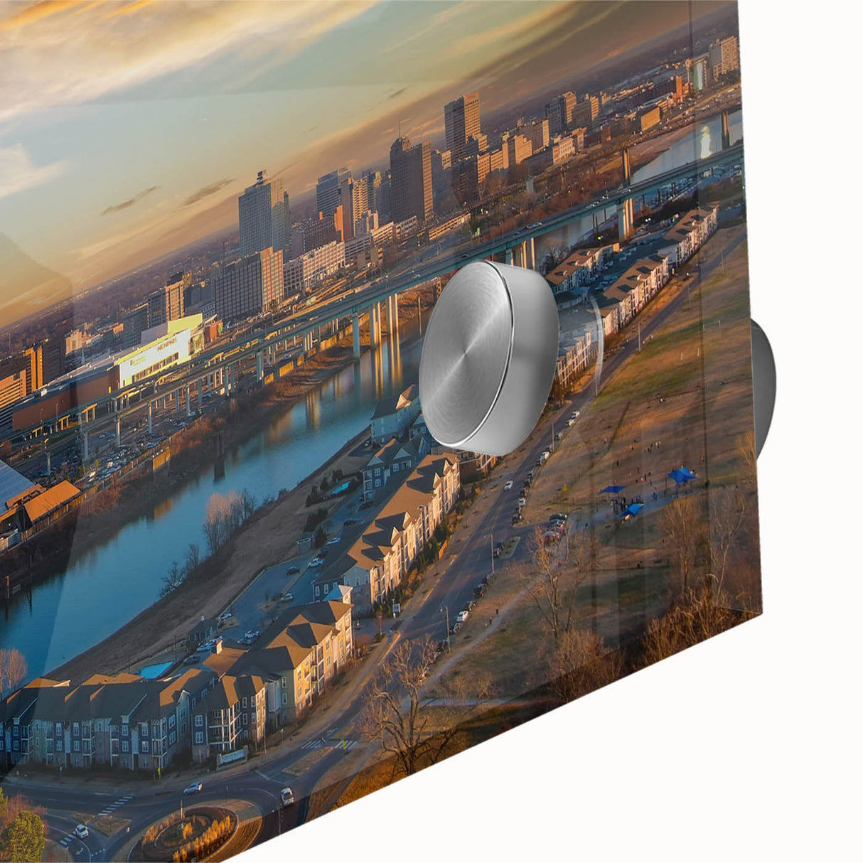 Large abstract depiction of Memphis scenery in muted earth tones on an acrylic print, suitable for dining room art.