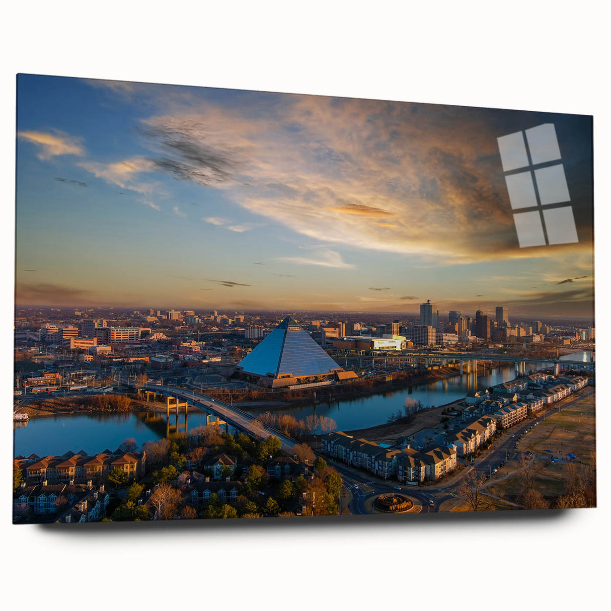 Large abstract art print of Memphis skyline in muted blue tones on acrylic glass, ideal for bedroom or dining room decor.