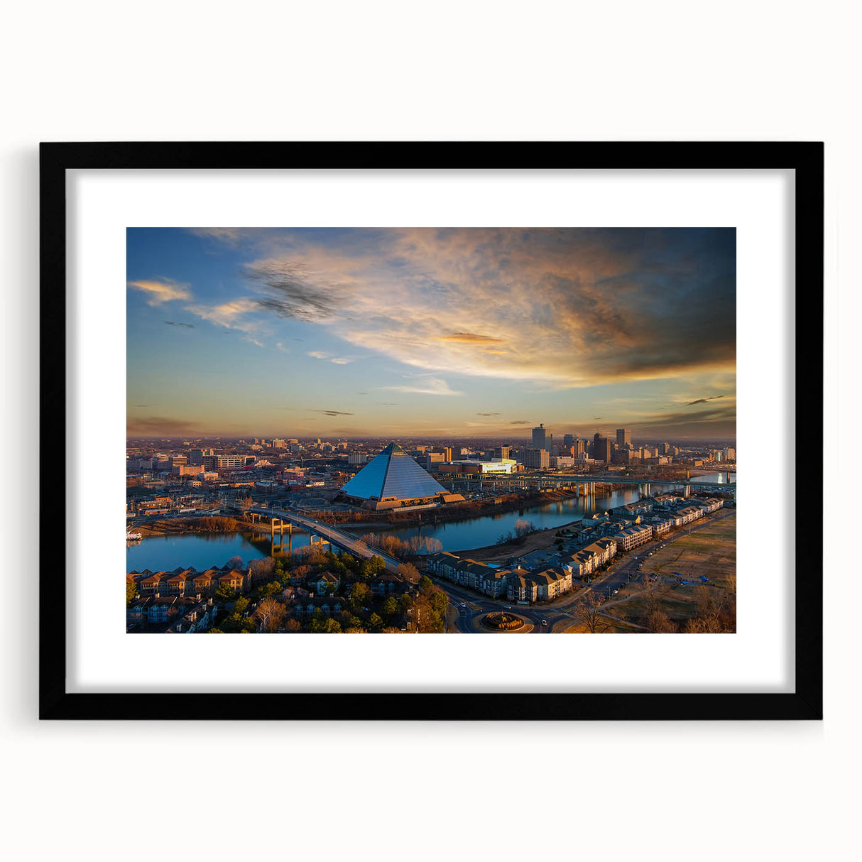 Abstract art print of Memphis scenery in vibrant colors on a large framed canvas, suitable for living room decor.