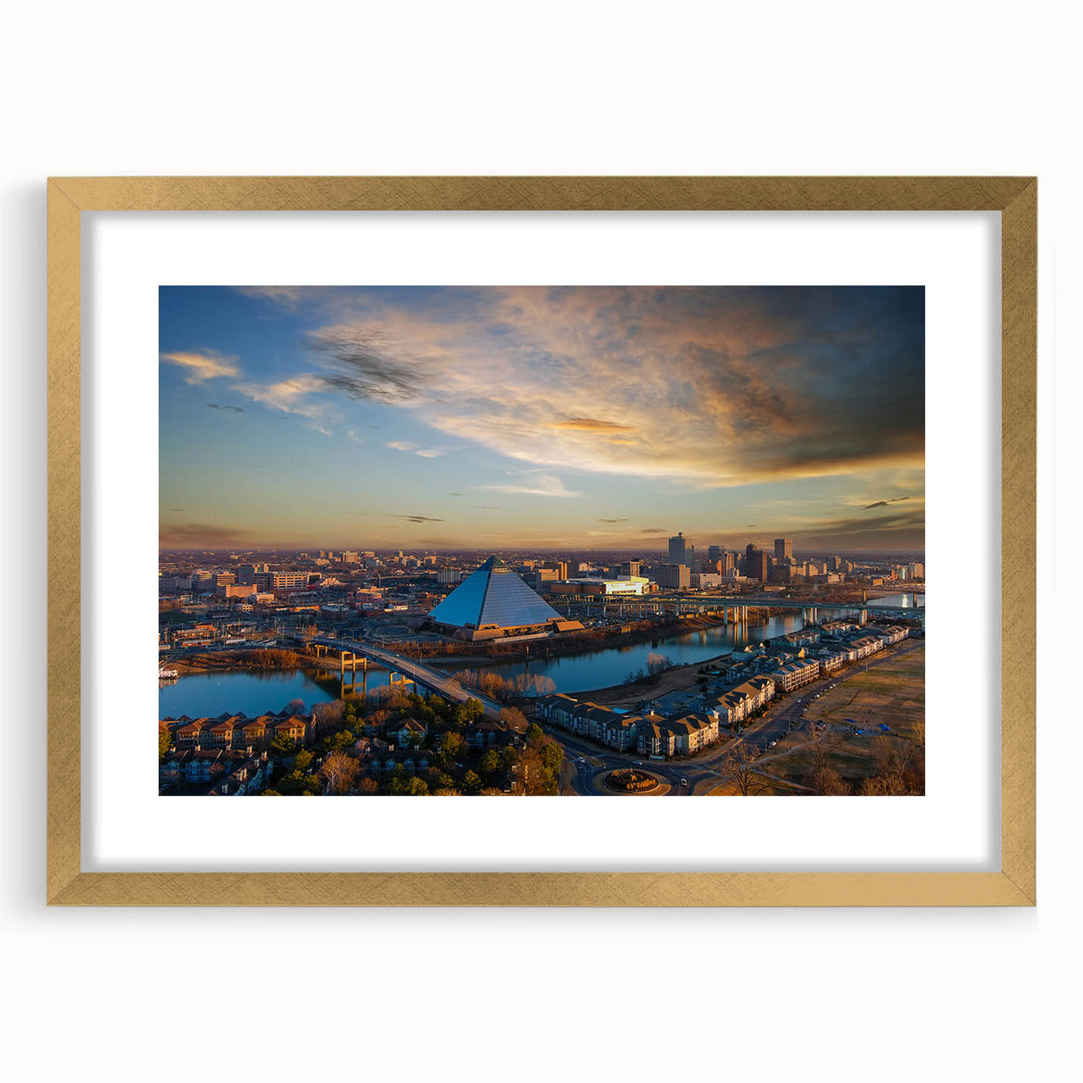 Extra large abstract art print of Memphis skyline in textured gold frame, ideal for living room decor.