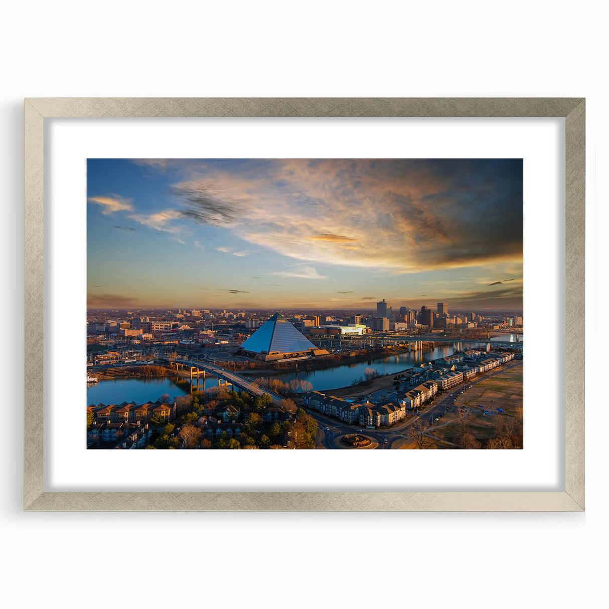 Textured abstract art print of Memphis skyline in muted blue and gray tones on a silver-framed canvas.