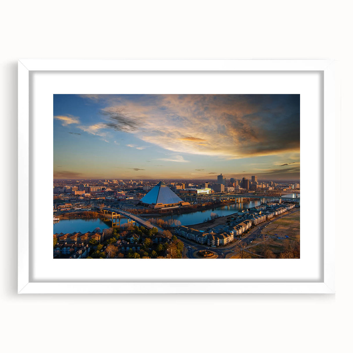 Abstract art print of Memphis skyline in muted gray and blue tones on a framed white canvas, ideal for dining room decor.