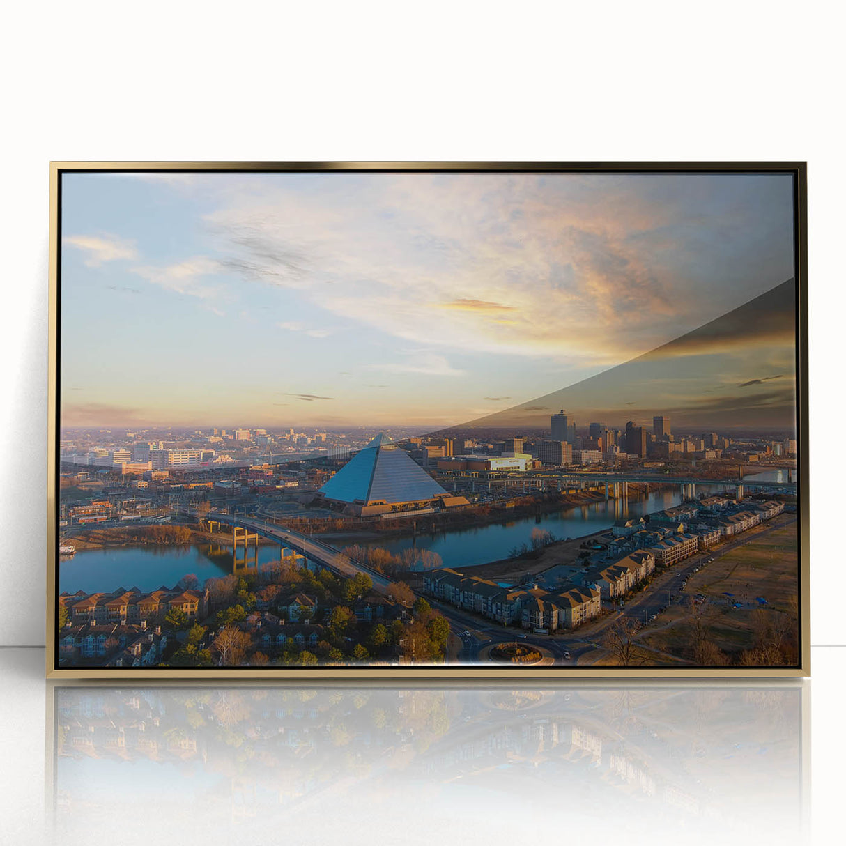 Mid-century modernist style Memphis skyline in gold and black tones on framed acrylic, suitable for modern art wall decor.