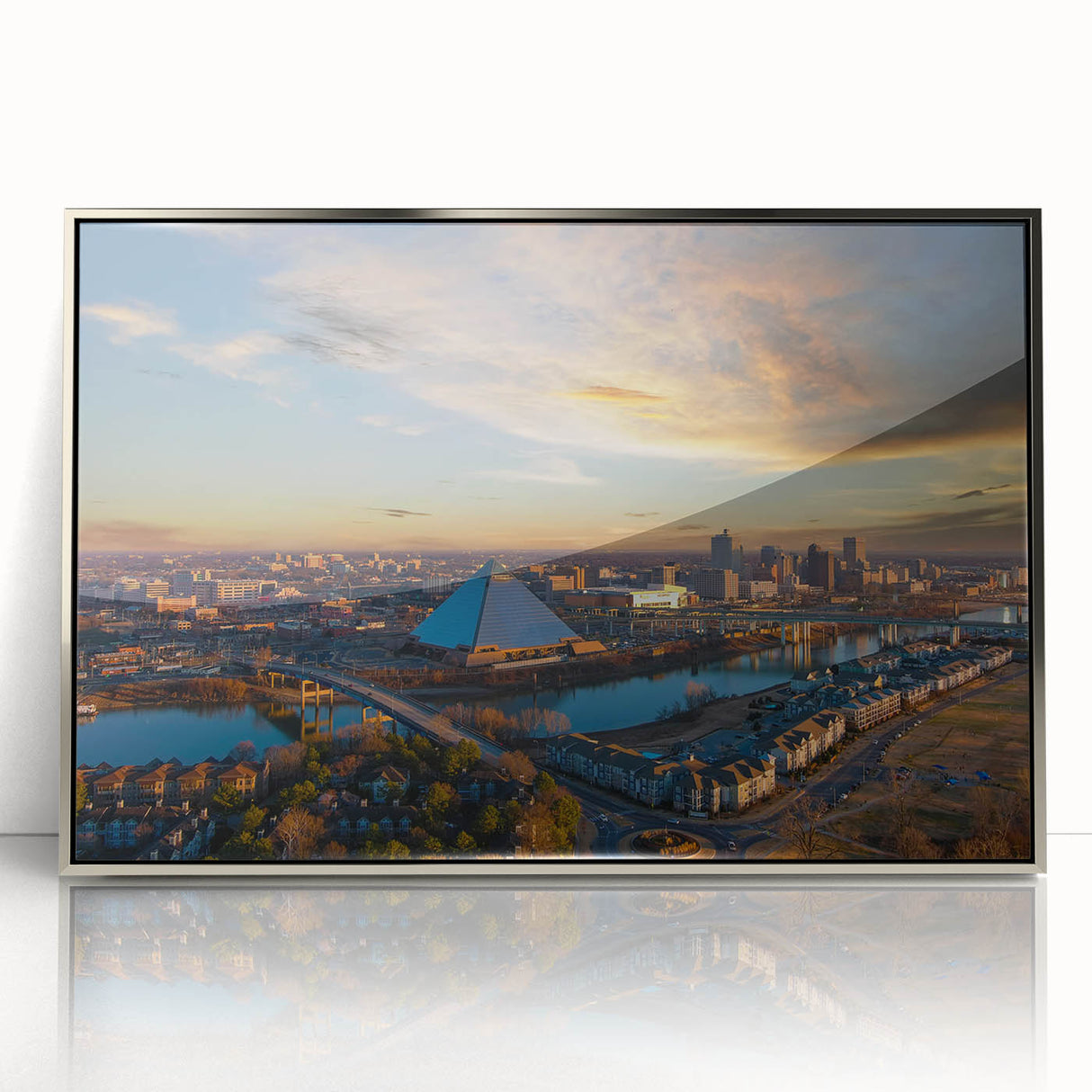 Mid-century modernist art of Memphis skyline in pastel tones on a framed acrylic ideal for nursery wall art.