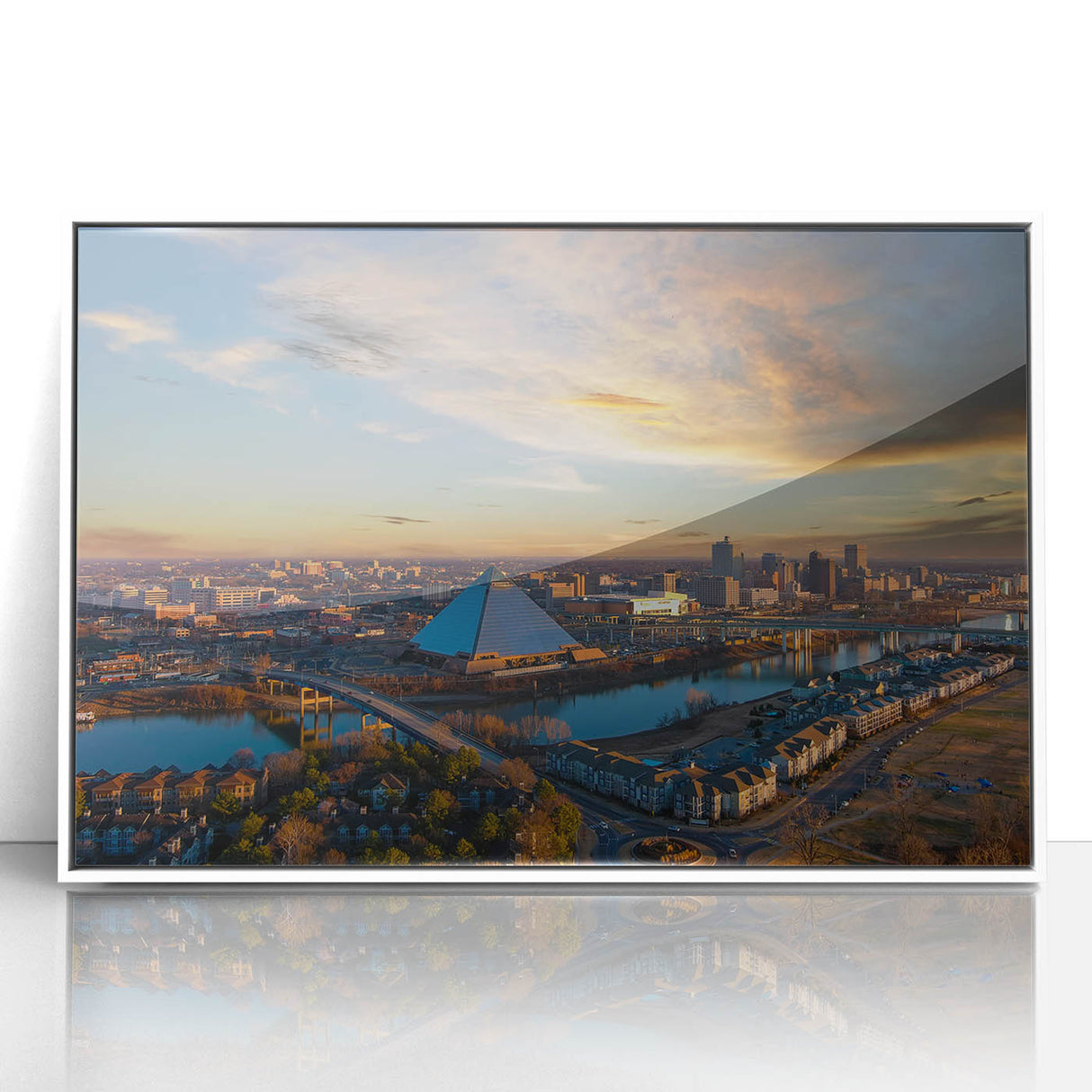 Art deco poster of Memphis skyline in muted blues and grays on framed acrylic, suitable for modern art wall decor or nursery.