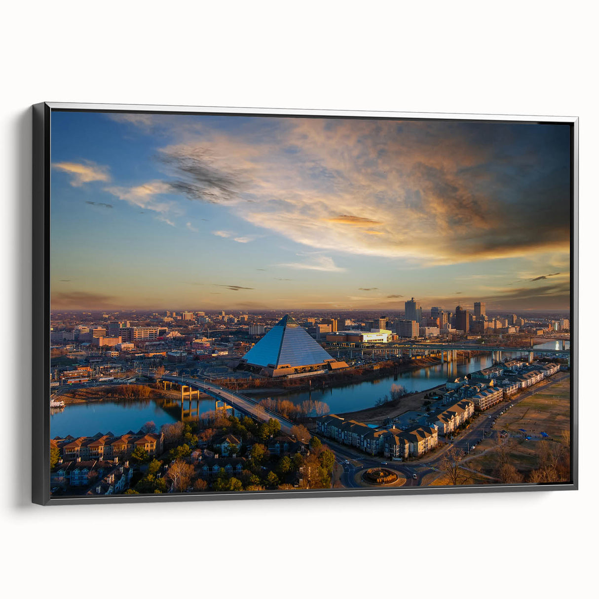 Black and white framed canvas of Memphis landscape featuring vintage poster art, suitable for bedroom decor.